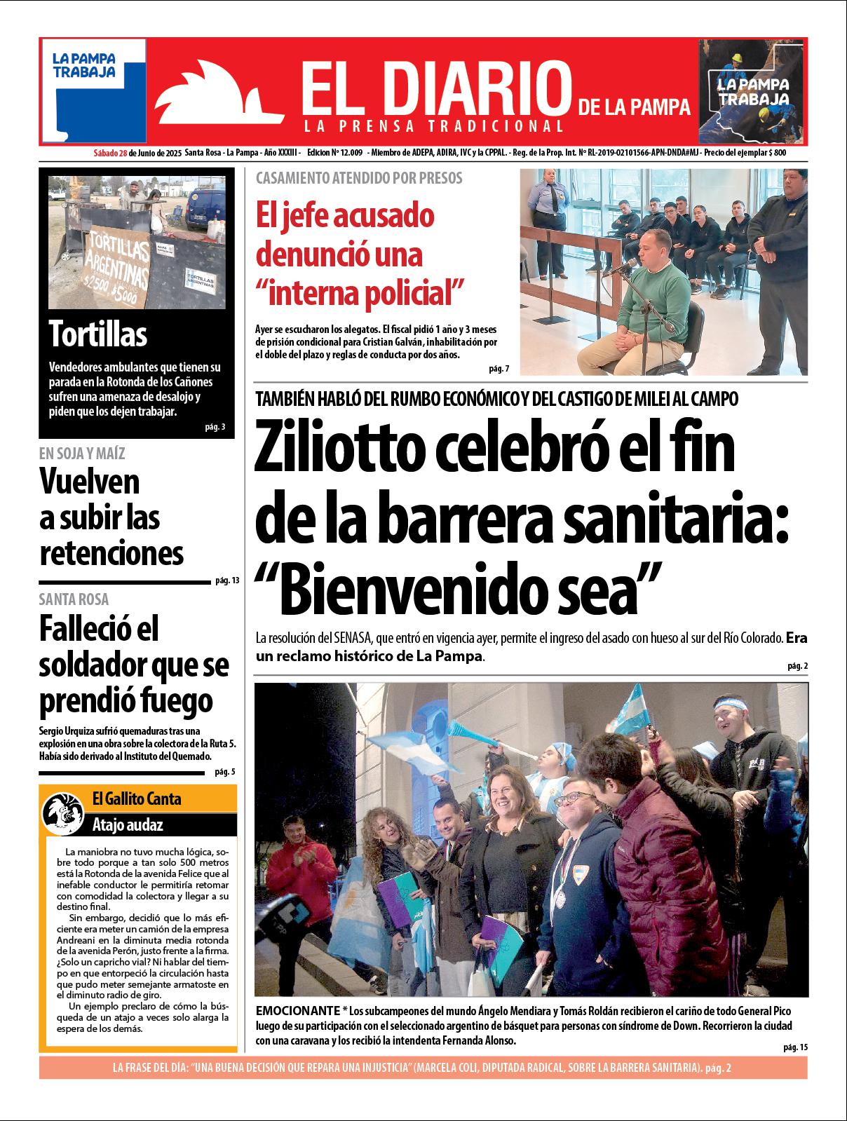 Tapa de El Diario en papel  saacutebado 28 de junio de 2025